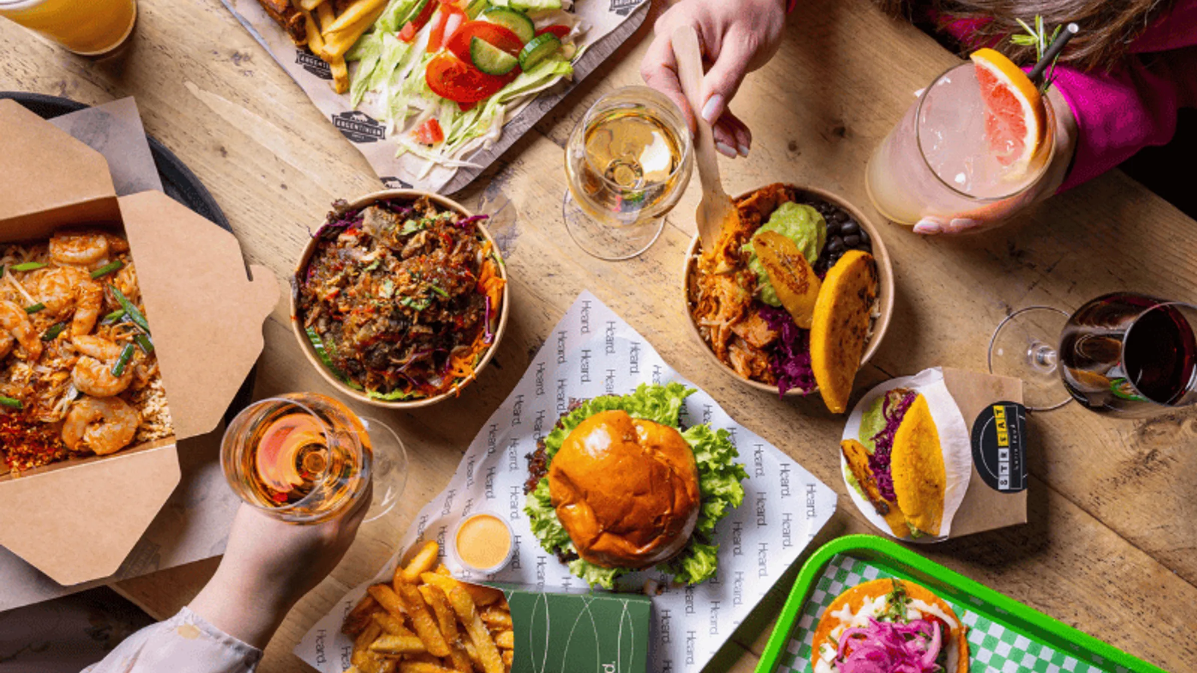 a group of people eating food