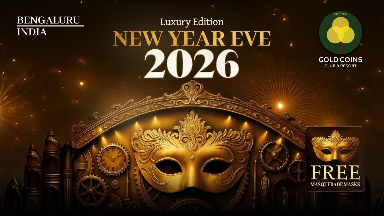 a gold mask with a clock on it