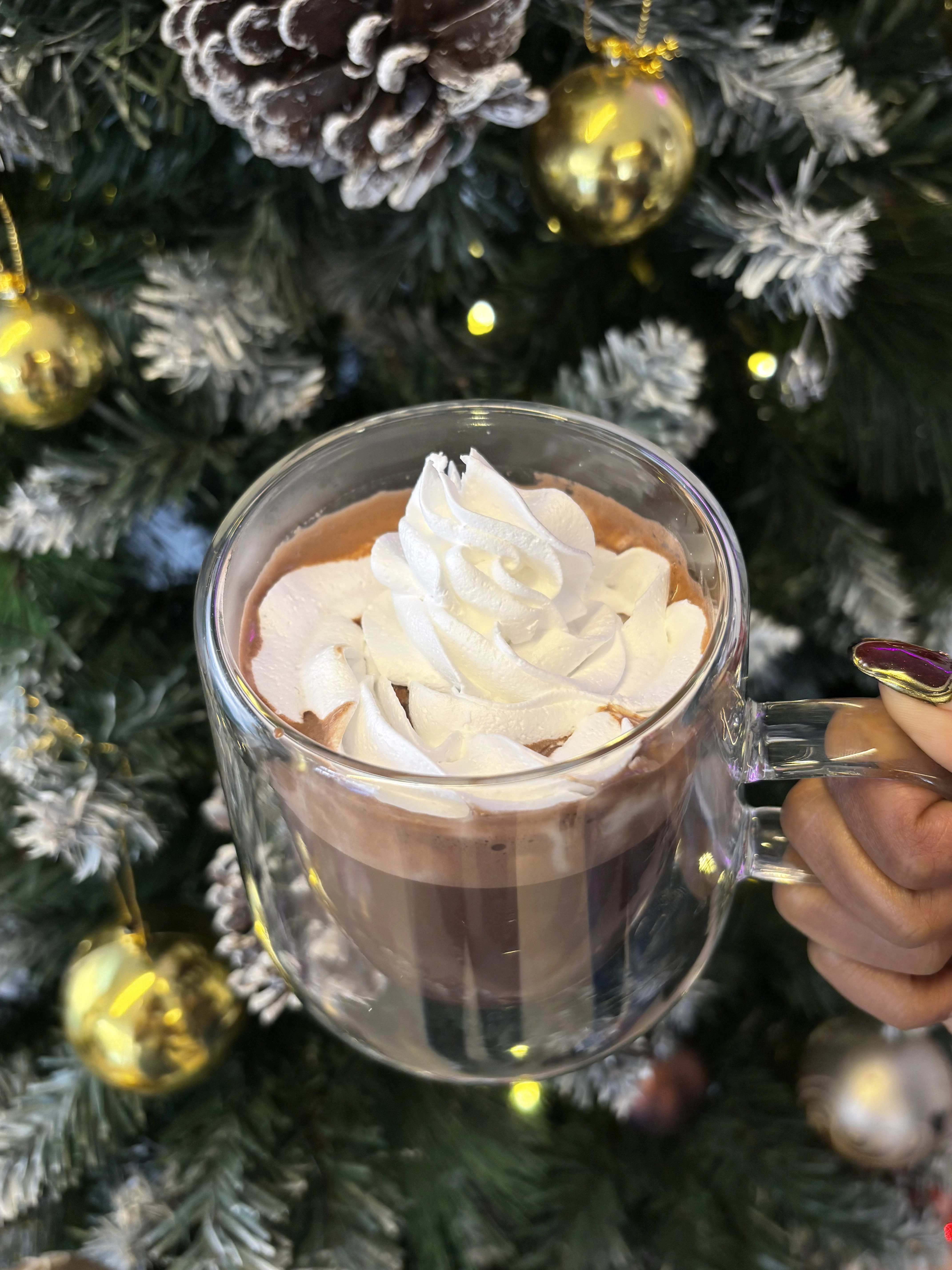 a hand holding a glass cup of hot chocolate with whipped cream