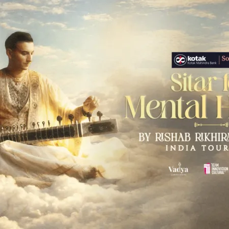 a man sitting on clouds with a musical instrument